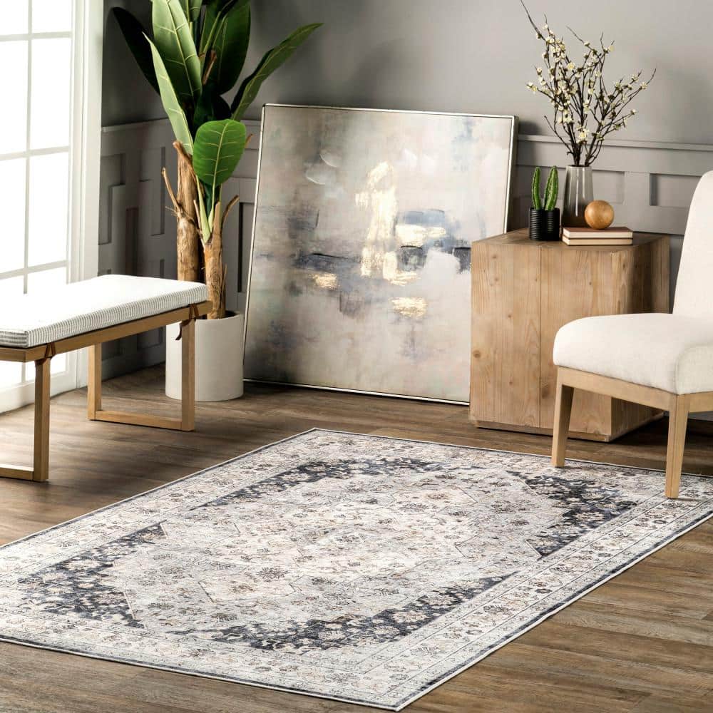 Casey Blue and Gray Synthetic Round Oriental Area Rug, 9' x 12'