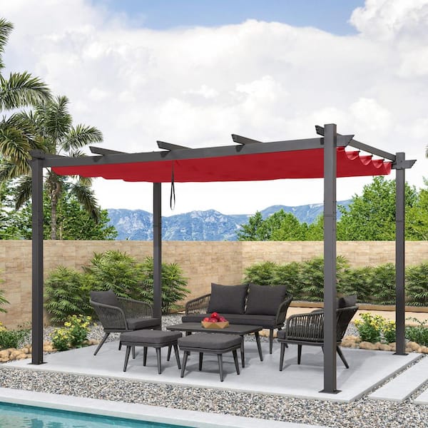 PURPLE LEAF 10 ft. x 13 ft. Gray Aluminum Frame Outdoor Patio Pergola Gazebo with Red Retractable Sun Shade Canopy for Backyard