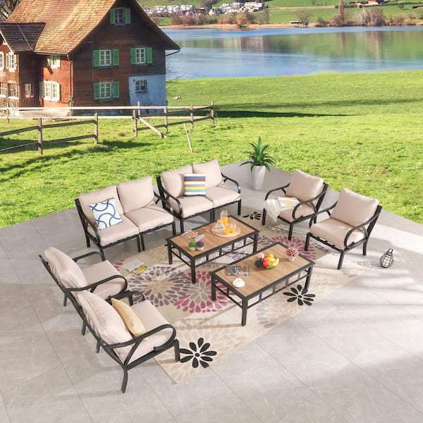 10-Piece Metal Patio Conversation Set with Beige Cushions