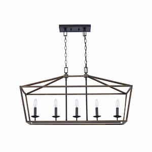 Weyburn 36 in. 5-Light Black and Faux Wood Farmhouse Linear Chandelier Light Fixture with Caged Metal Shade