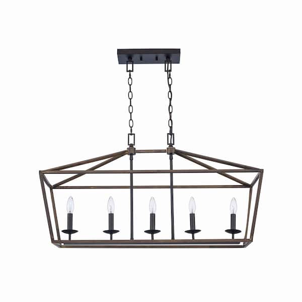 Home Decorators Collection Weyburn 36 in. 5-Light Black and Faux Wood Farmhouse Linear Chandelier Light Fixture with Caged Metal Shade