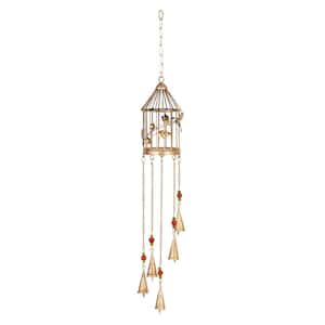 33 in. Gold Metal Indoor Outdoor Birdcage Windchime with Glass Beads and Bells