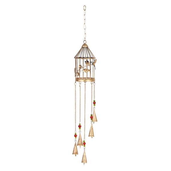 Litton Lane 33 in. Gold Metal Indoor Outdoor Birdcage Windchime with Glass Beads and Bells
