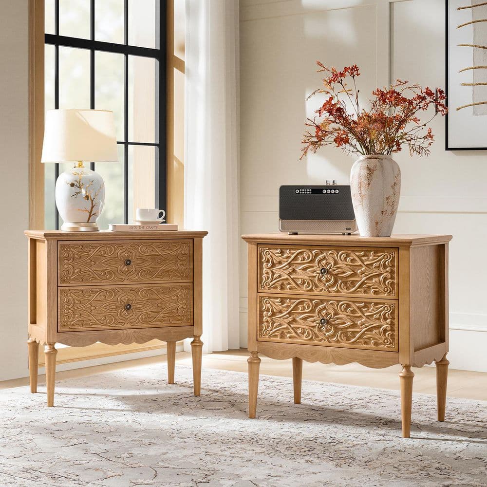 Pascal Oak 2 Drawers 28 in. W Nightstand Set of 2 with Solid Wood Legs price history on PriceWatchPro