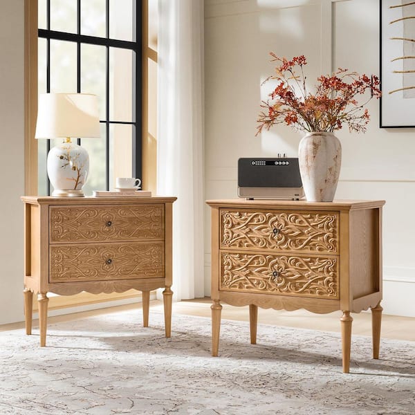 Pascal Oak 2 Drawers 28 in. W Nightstand Set of 2 with Solid Wood Legs