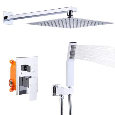 Single Handle 2-Spray Square High Pressure Shower Faucet with Hand Shower in Chrome Ceramic Disc (Valve Included)