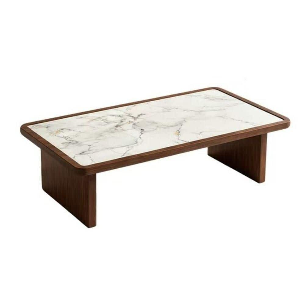 Modern 47.24 in. Walnut Brown and White Rectangle Sintered Stone Top Coffee Table with Wide Panel Legs