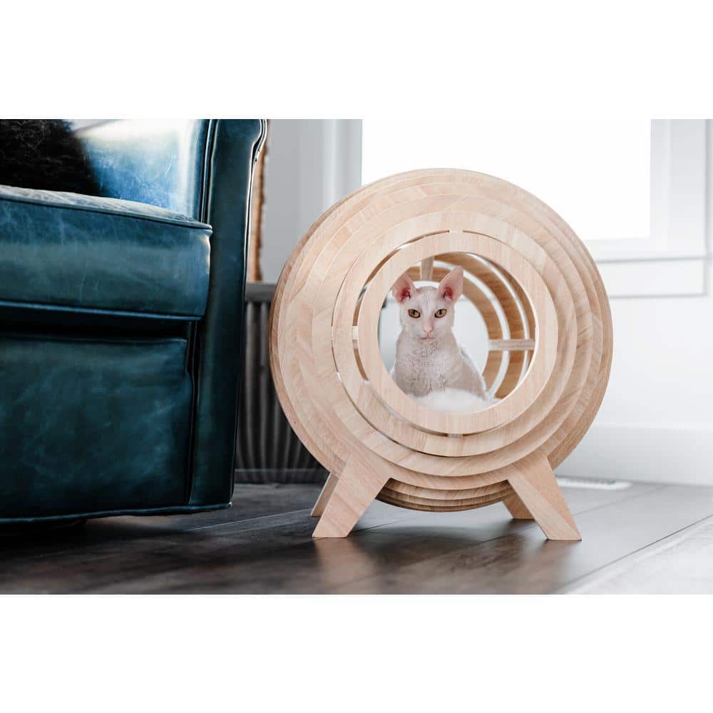 Medium Beige Wooden Sphere Cat Bed with Faux Fur Cushion