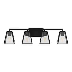 Mackenzie Place 30 in. 4-Light Matte Black Modern Bathroom Vanity Light with Clear Glass Shades