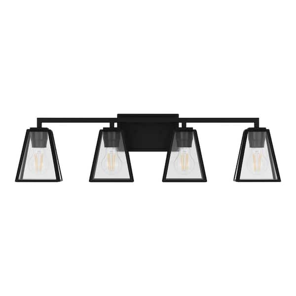 Mackenzie Place 30 in. 4-Light Matte Black Modern Bathroom Vanity Light with Clear Glass Shades