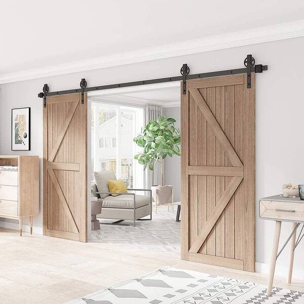 11 ft./132 in. Frosted Black Sliding Barn Door Hardware Track Kit for Double Doors with Non-Routed Floor Guide