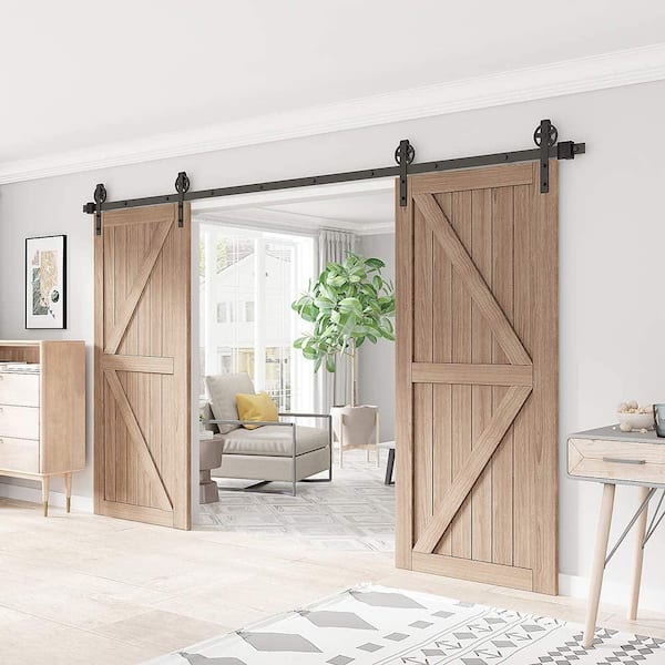 16 ft. /192 in. Frosted Black Sliding Barn Door Hardware Track Kit for Double Doors with Non-Routed Floor Guide 16 ft. /192 in. Frosted Black Sliding Barn Door Hardware Track Kit for Double Doors with Non-Routed Floor Guide