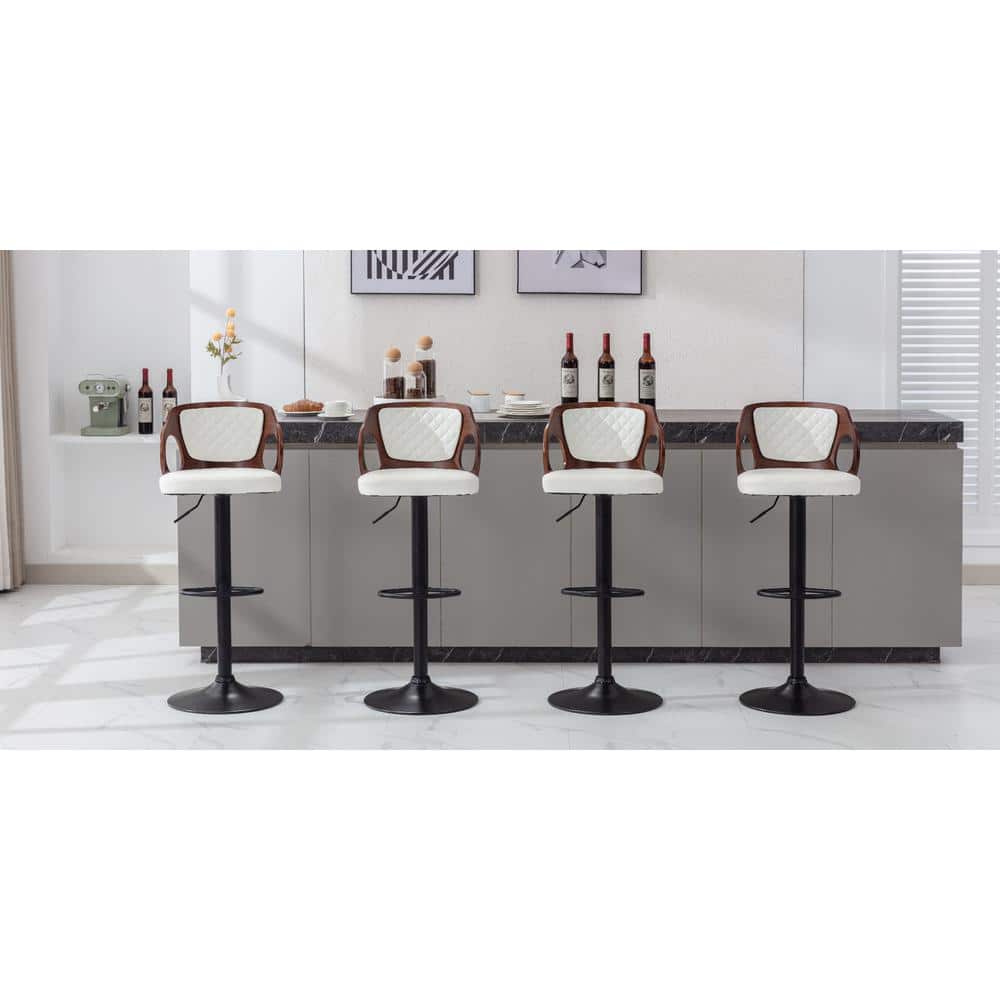 Adjustable White Faux Leather Swivel Bar Stools with Arms