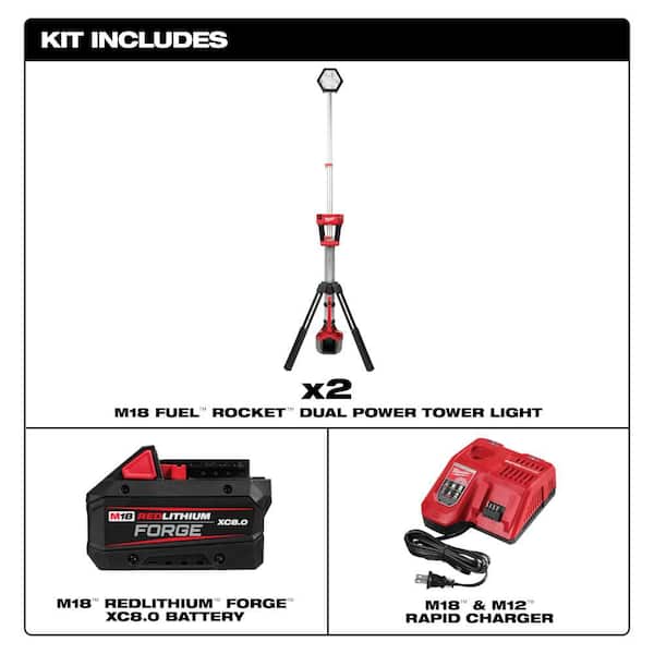 M18 18-Volt Lithium-Ion Cordless Rocket Dual Power Tower Light 2 Pack w/ FORGE 8.0 Ah Battery & Charger