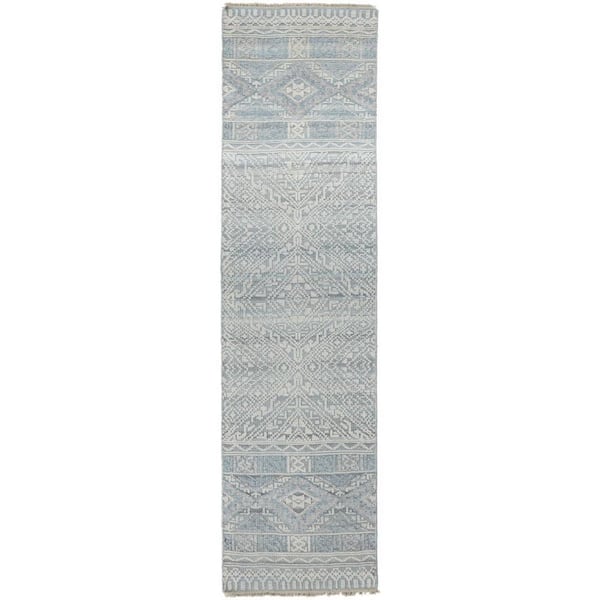 HomeRoots 2 ft. x 8 ft. Ivory, Blue Geometric Runner Rug