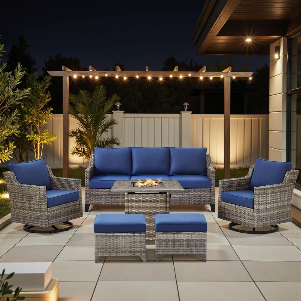 Gliderail Gray Wicker Fire Pit Conversation Set with Blue Olefin 4 in. Thick Cushions Patio Swivel Chairs (6-Piece) price history on PriceWatchPro