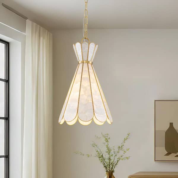Sheke 1-Light 11 in.W Aged Brass Capiz Shell Flower Pendant Light for Dining Room and Bedroom