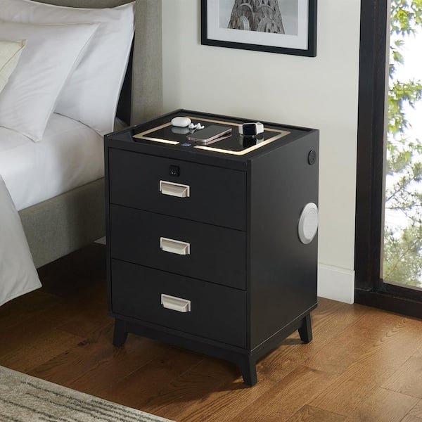Azura Black 3-Drawers 20 in. W Nightstand with Electronic Features