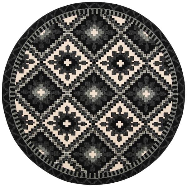 SAFAVIEH Veranda Black/Beige 8 ft. x 8 ft. Southwestern Tribal Indoor/Outdoor Patio  Round Area Rug