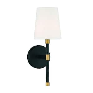 Brody 5.75 in. W x 16 in. H 1-Light Matte Black with Warm Brass Accents Wall Sconce with White Fabric Shade