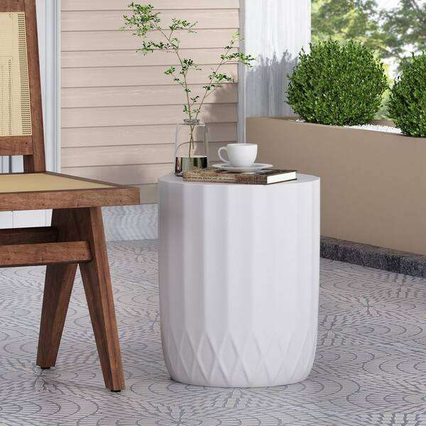 Antique White Lightweight Concrete Cylindrical Outdoor Side Table