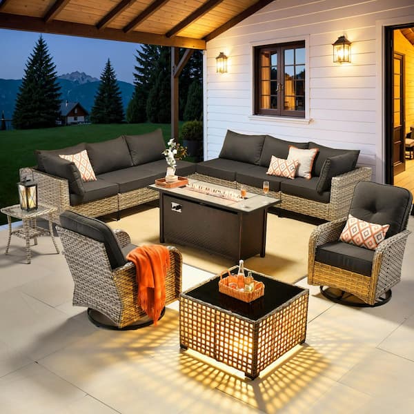 Supery Gray 11-Piece Wicker 54 in. Rectangle Fire Pit Patio Conversation Set with Black Cushions and Swivel Chairs