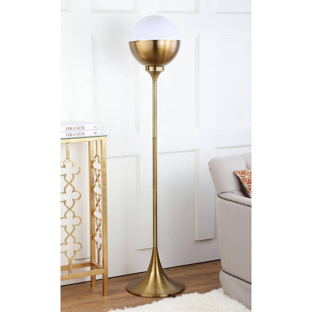 Renato 63.5" Brass Gold Contemporary Floor Lamp with White Globe Shade