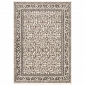 Ivory and Grey 3 ft. x 5 ft. Oriental Power Loom Stain Resistant Fringe with Area Rug