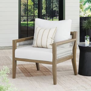 Freya Brushed Light Brown Solid Acacia Wood Frame Upholstered Outdoor Lounge Chair with Linen White Cushion