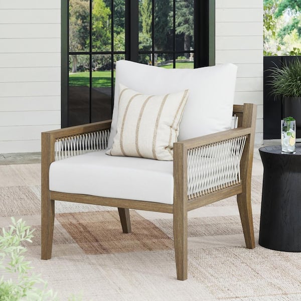 Freya Brushed Light Brown Solid Acacia Wood Frame Upholstered Outdoor Lounge Chair with Linen White Cushion