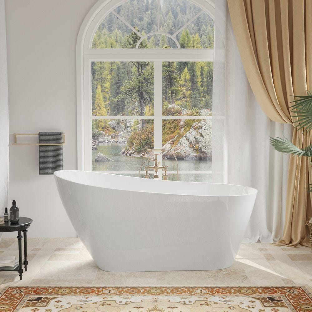 59 in. x 28 in. Acrylic Flatbottom Freestanding Soaking Bathtub with Glossy White Overflow in Glossy White price history on PriceWatchPro