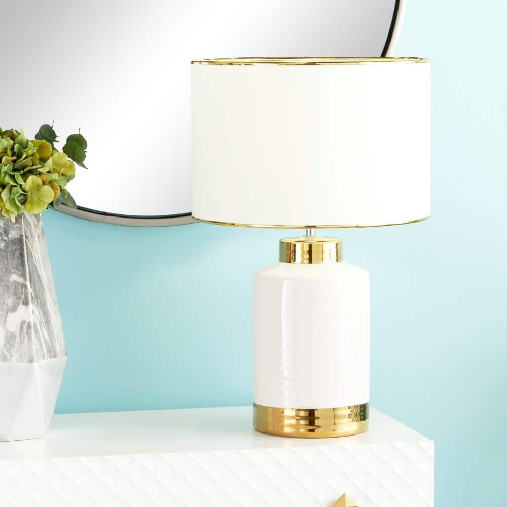 Gold Trim White Ceramic Cylindrical Nightstand Lamp