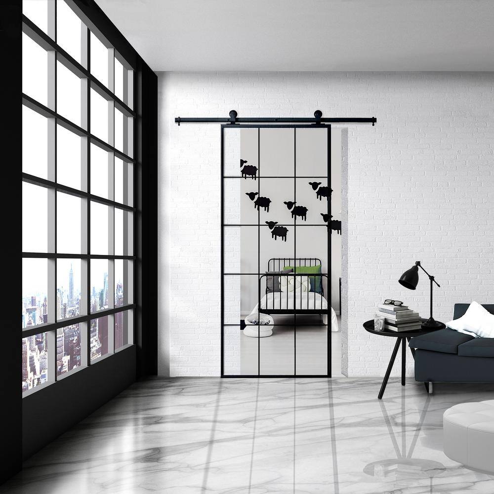 Queen's 37'' x 84'' Matte Black Clear Glass Sliding Barn Door