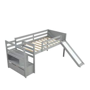 Gray Wood Low Loft Bed Frame Twin Size Loft Bed with Pine Wood Frame, Slide, Drawer and Stairs for Boys, Girl and Teens