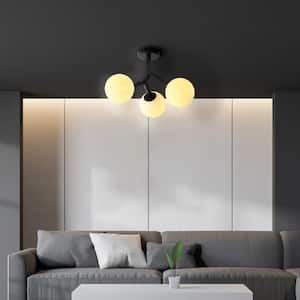 20 in. 3-Light Matte Black Modern Semi-Flush Mount with frosted glass shade and No Bulbs Included