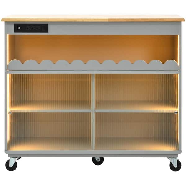 Unbranded Grey Blue Wood 44.02 in. Kitchen Island with Drop Leaf,LED Light Kitchen Cart on Wheels with Power Outlets,2 Glass Doors