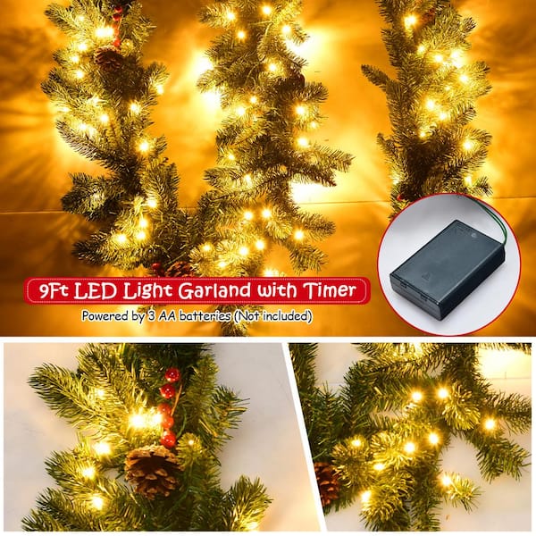 [ Dual Color Switch & Timer ] 9 Ft Prelit Christmas Garland Decoration 80  Warm White & Multi Color Change Lights 12 Modes Remote Control 300 Branch