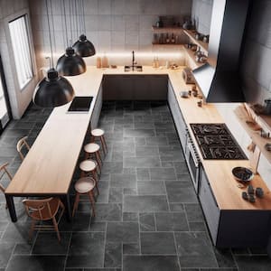 Take Home Tile Sample-Montauk Black 4 in. x 4 in. Pattern Gauged Slate Floor and Wall Tile