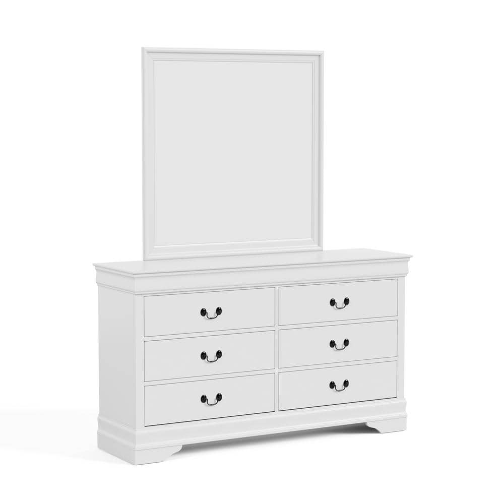 White Rubberwood Transitional 6-Drawer Dresser with Mirror