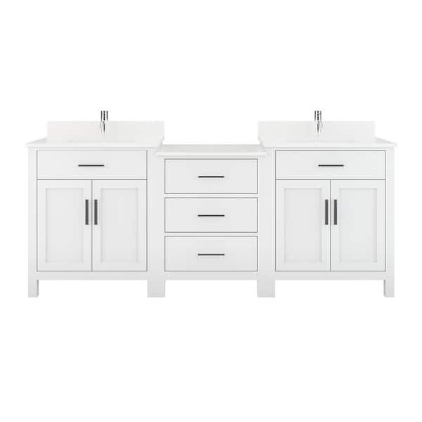 Kali 84 in. W x 22 in. D Bath Vanity in White Diamond Quartz Top with White Sink Power Bar and Drawer Organizer