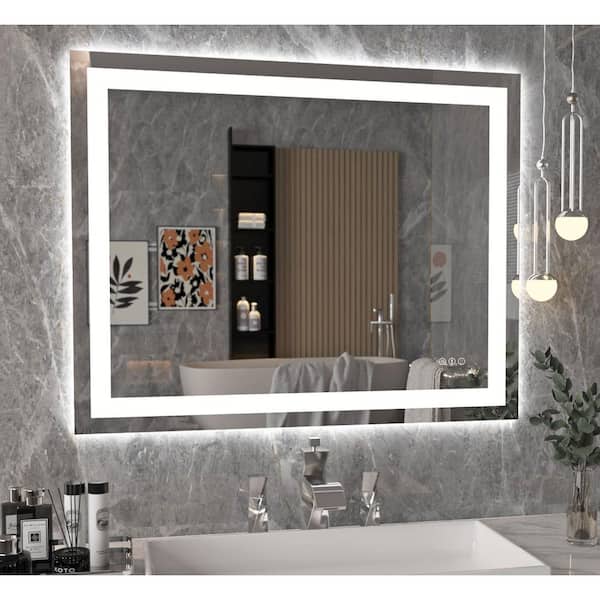 Hpeytaire 40 in. W x 32 in. H Small Rectangular Frameless LED Light Dimmable Anti-Fog wall mount Bathroom Vanity Mirror