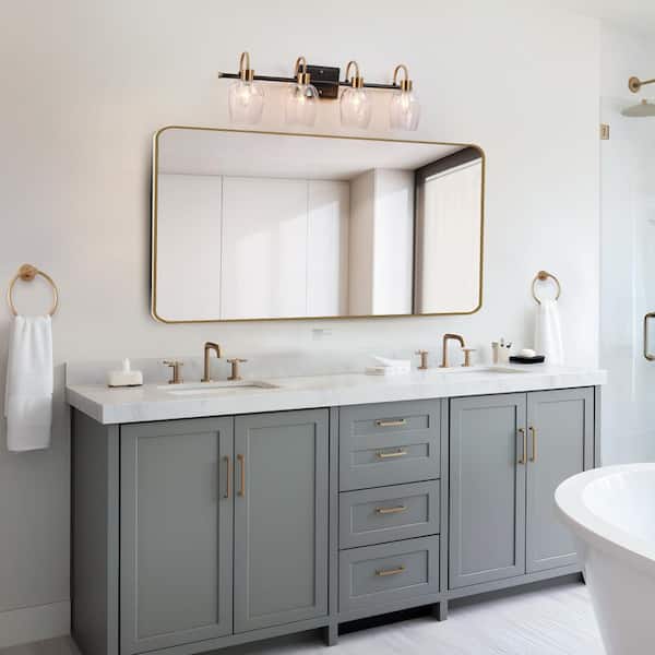 28 in. 4-Light Brass Gold Modern Bathroom Vanity Light, Hammer Glass Black Bath Lighting, Farmhouse Indoor Wall Sconce