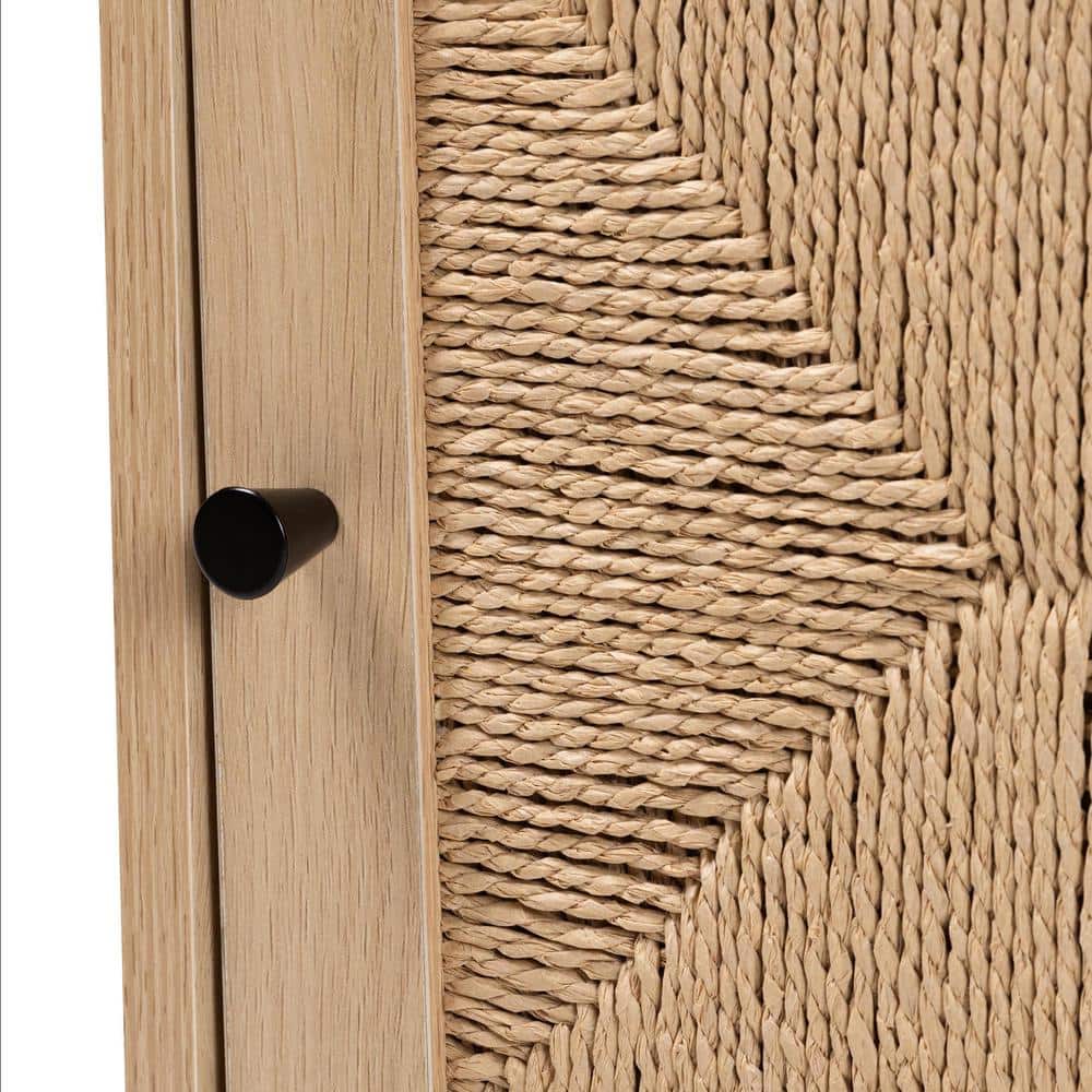 Light Brown Wood Accent Table with Woven Storage