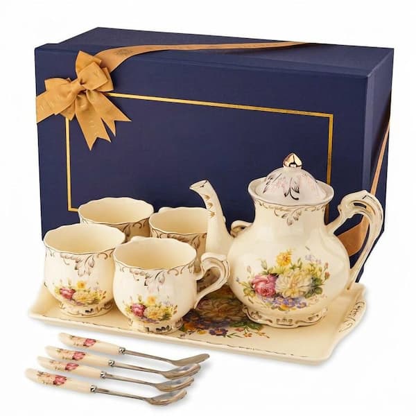Porcelain Tea Set Vintage Flowering Shrubs Style with Teapot and Cups for Tea Party, Birthday Wedding Gift