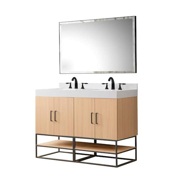 Direct vanity sink OakVista Exclusive 48 in. W x 23 in. D x 36 in. H Single Bath Vanity in Oak with White Culture Marble Top and Mirror