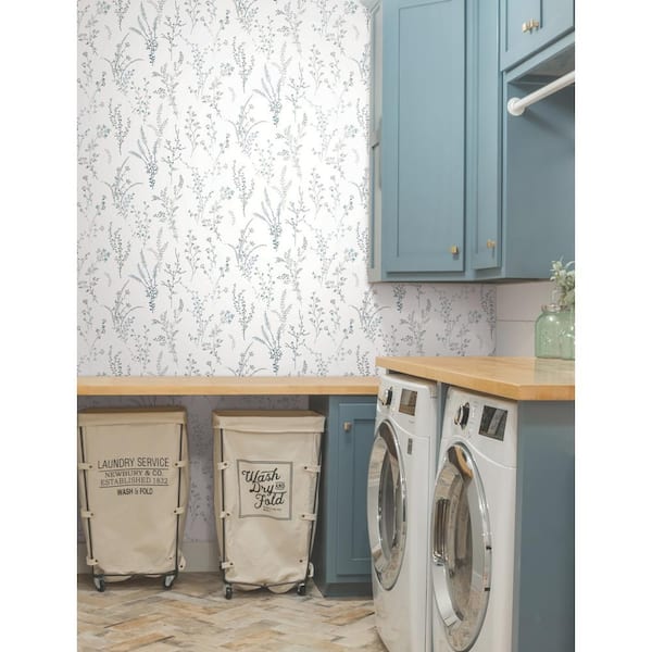 Blue and Green Wildflower Sprigs Matte Non Woven Paper Peel and Stick Wallpaper Roll