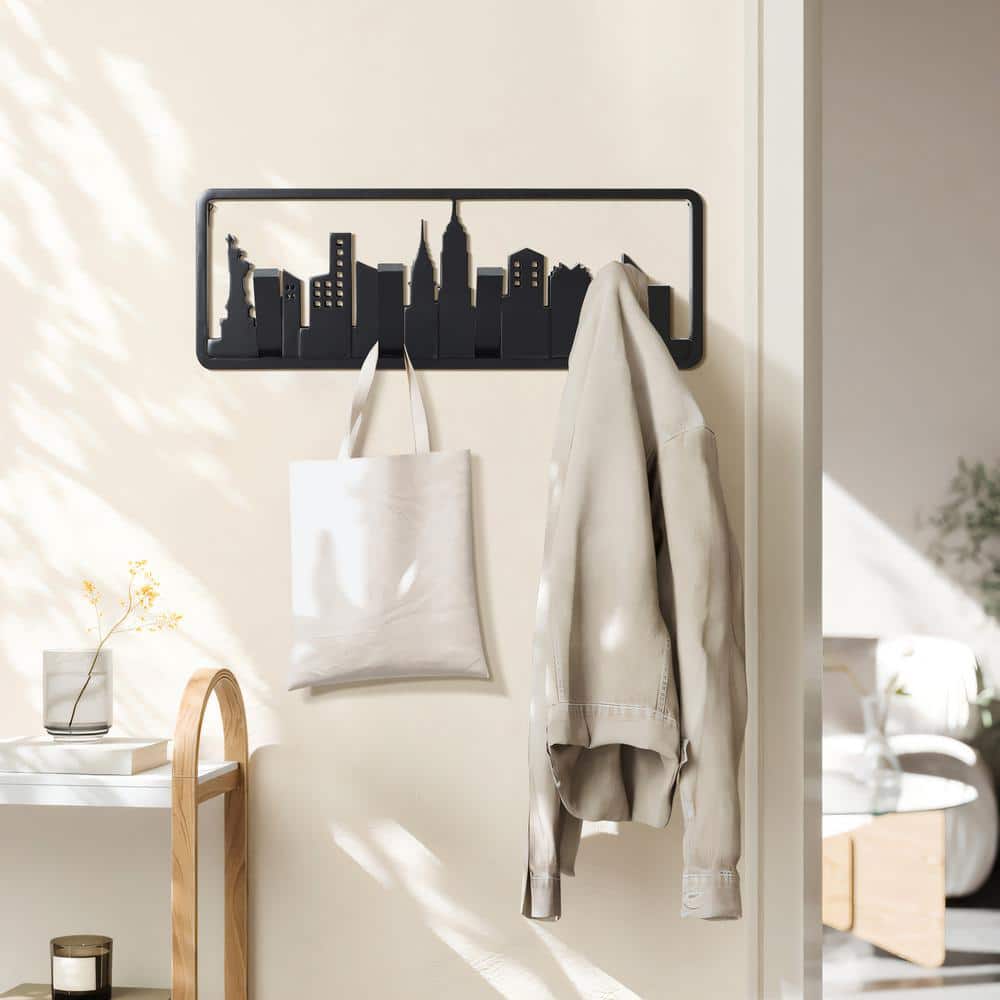 Black Fir Wood Skyscraper Wall-Mounted Coat Rack with 4 Hooks