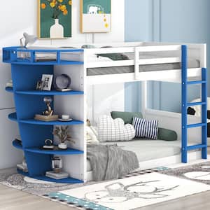 Blue and White Twin over Twin Wood Boat Shape Bunk Bed with 5-Tier Storage Shelves
