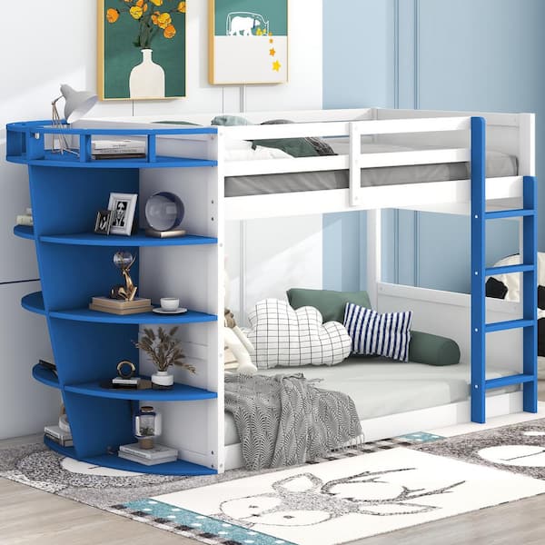 Harper & Bright Designs Blue and White Twin over Twin Wood Boat Shape Bunk Bed with 5-Tier Storage Shelves