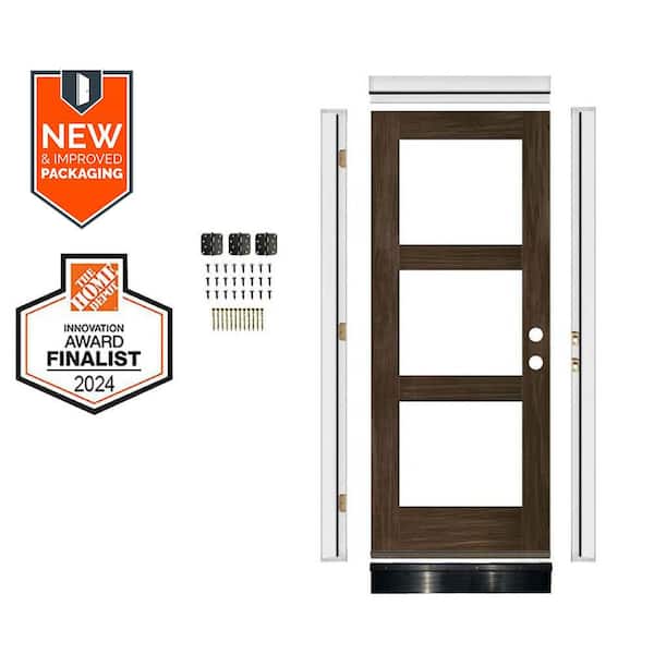 DIY 32 in. x 80 in. Modern Hemlock LeftHand 3-Lite Clear Glass Black Stain Wood Front Door Kit w/ Quick Assemble Jamb